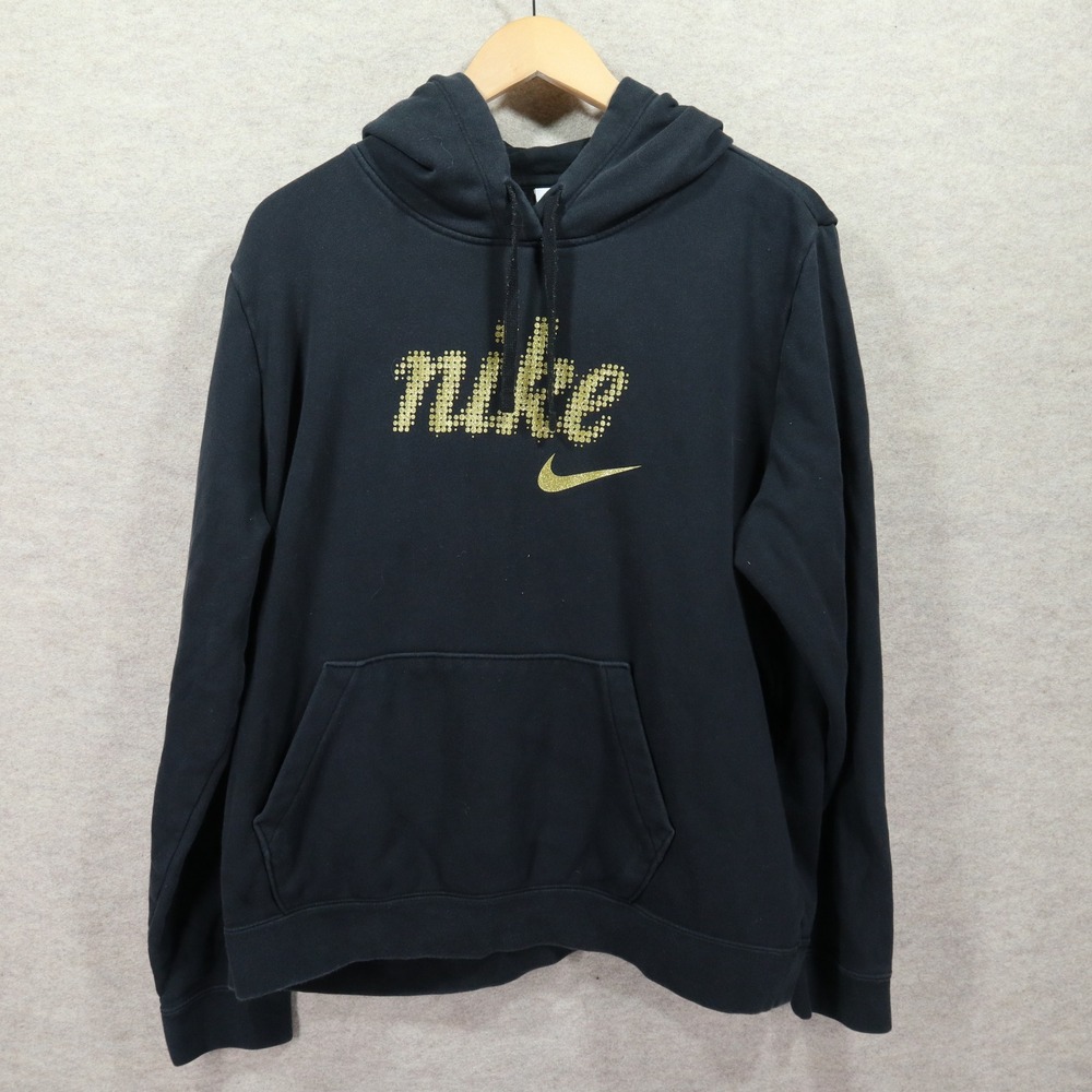 Nike Hoodie XL Pullover Y2K Gold Foil Dotted Logo Black Sweatshirt